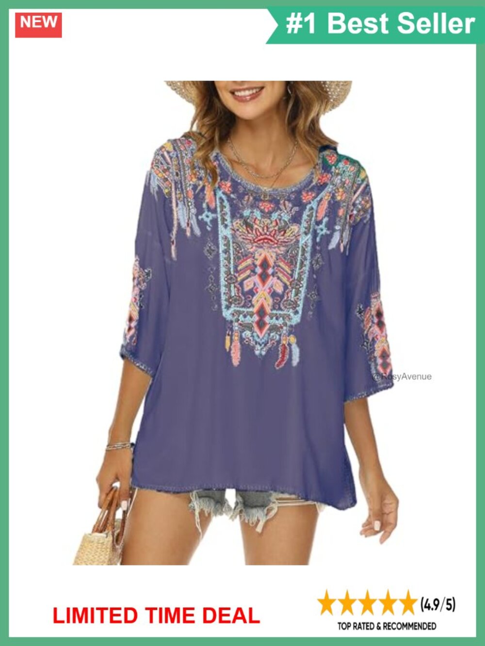 Bohemian Embroidered Tunic Top Peasant Blouse 3/4 Sleeve V Neck Cotton Rayon